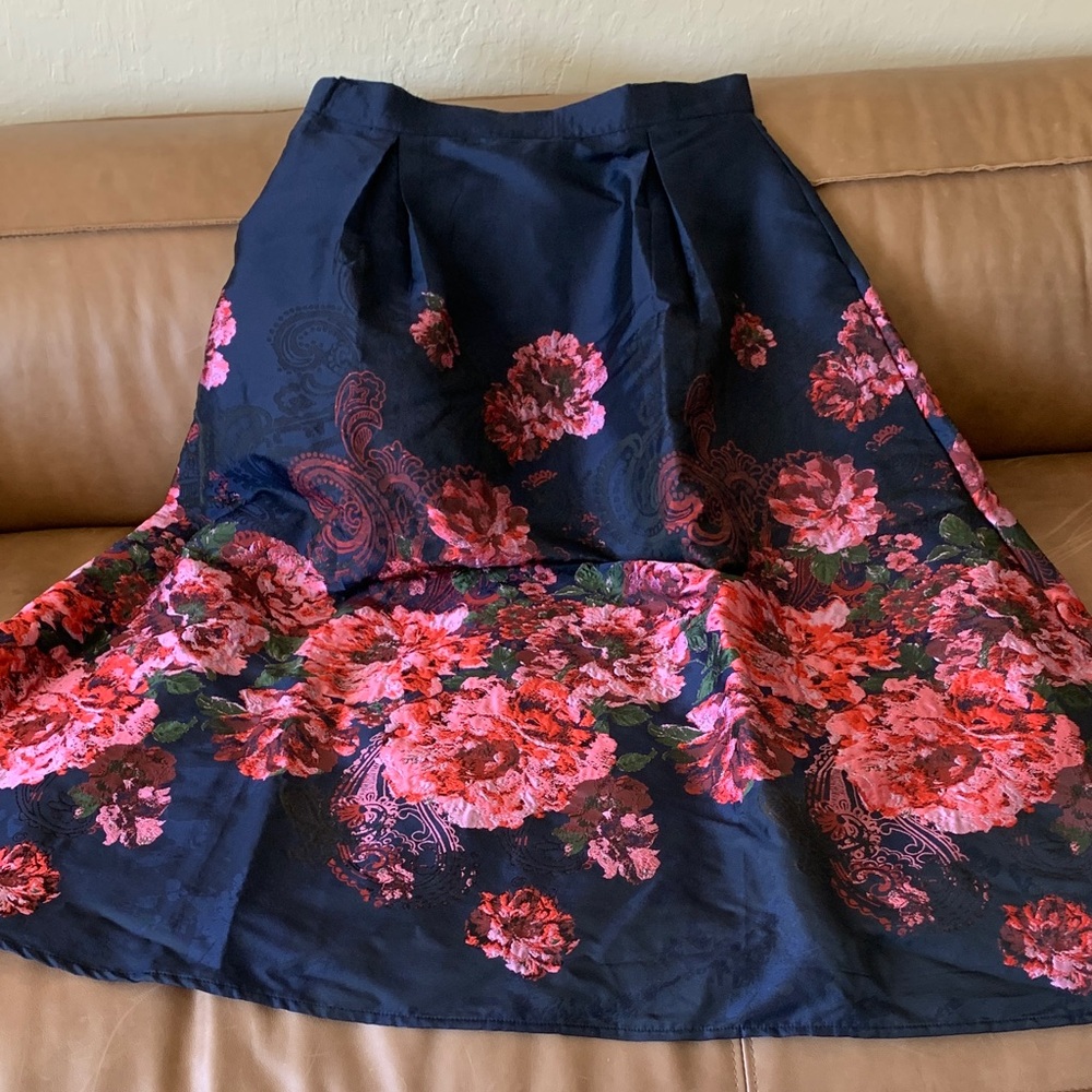 Chicwish Navy and Pink Floral A-Line Skirt